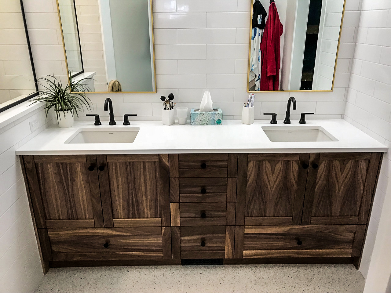 A bathroom renovation by Marden Construction before we moved to Lethbridge. Weathered and organic look to the custom cabinets. Polished counter tops and a modern finish.